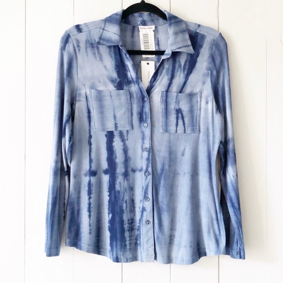 NWT Tribal Jeans Blue Rib Knit Tie-Dye Button Up Top Size Small - Picture 2 of 7